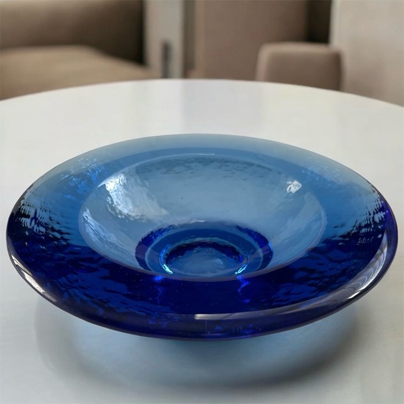 Fire & Light • RARE 8” Wide Lipped Footed Bowl Signed Cobalt Recycled Glass - Picture 9 of 9